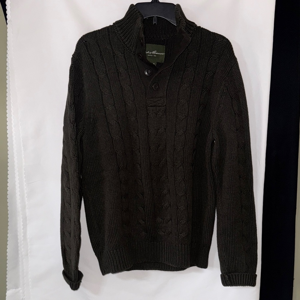 Eddie Bauer Men's Dark Green Cable Knit Sweater With Button Collar